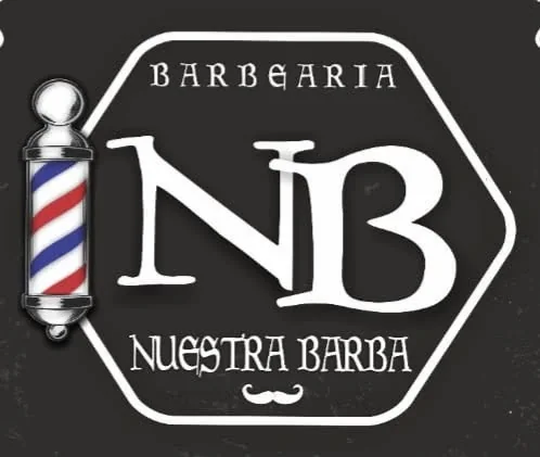 Logo da Barbearia Nuestra Barba: as letras NB dentro de um hexágono, com um poste de barbeiro ao lado